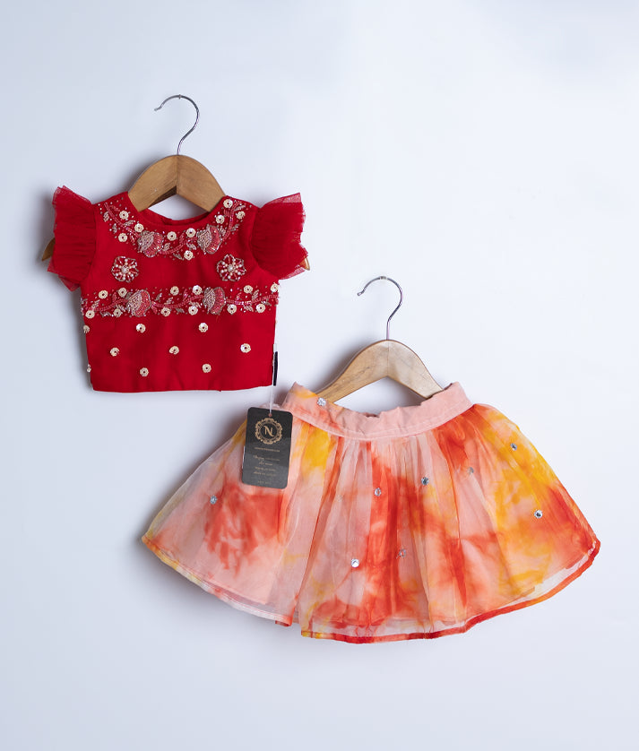 Red Tulle Net Handworked Top With Organza Below Knee Length Skirt For Diwali [2206]