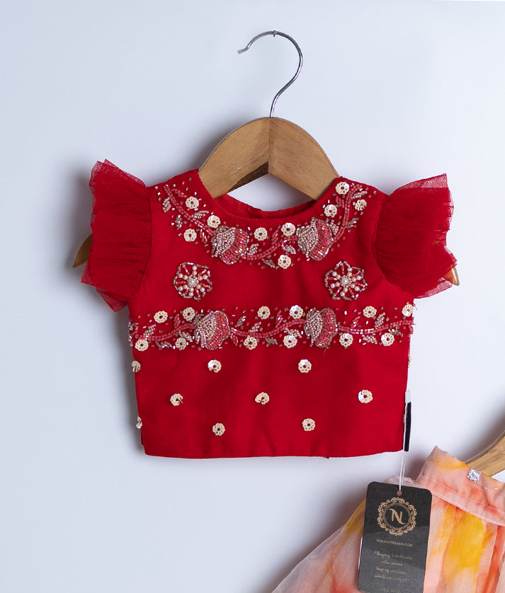 Red Tulle Net Handworked Top With Organza Below Knee Length Skirt For Diwali [2206]