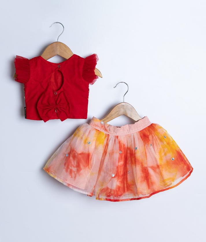 Red Tulle Net Handworked Top With Organza Below Knee Length Skirt For Diwali [2206]