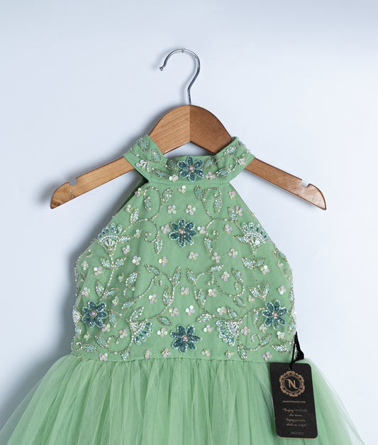 Pastel Green Tulle Net Handworked Birthday Frock [Ready to ship: 2307]