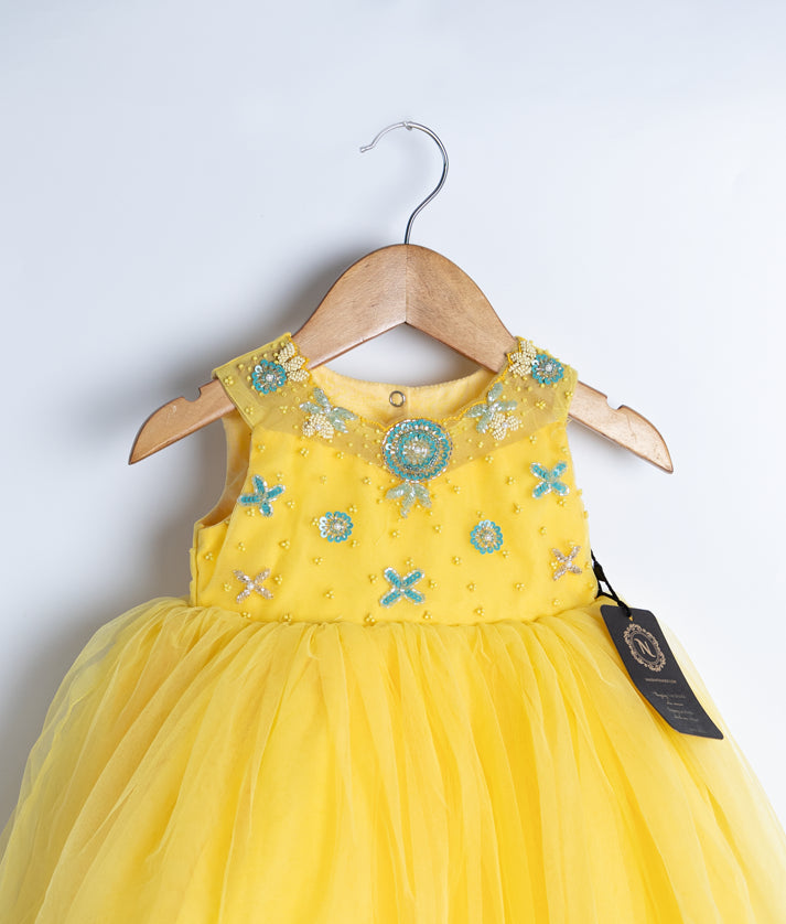 Yellow Tulle Net Handworked Birthday Frock For Baby Girl [Ready to ship :2318]