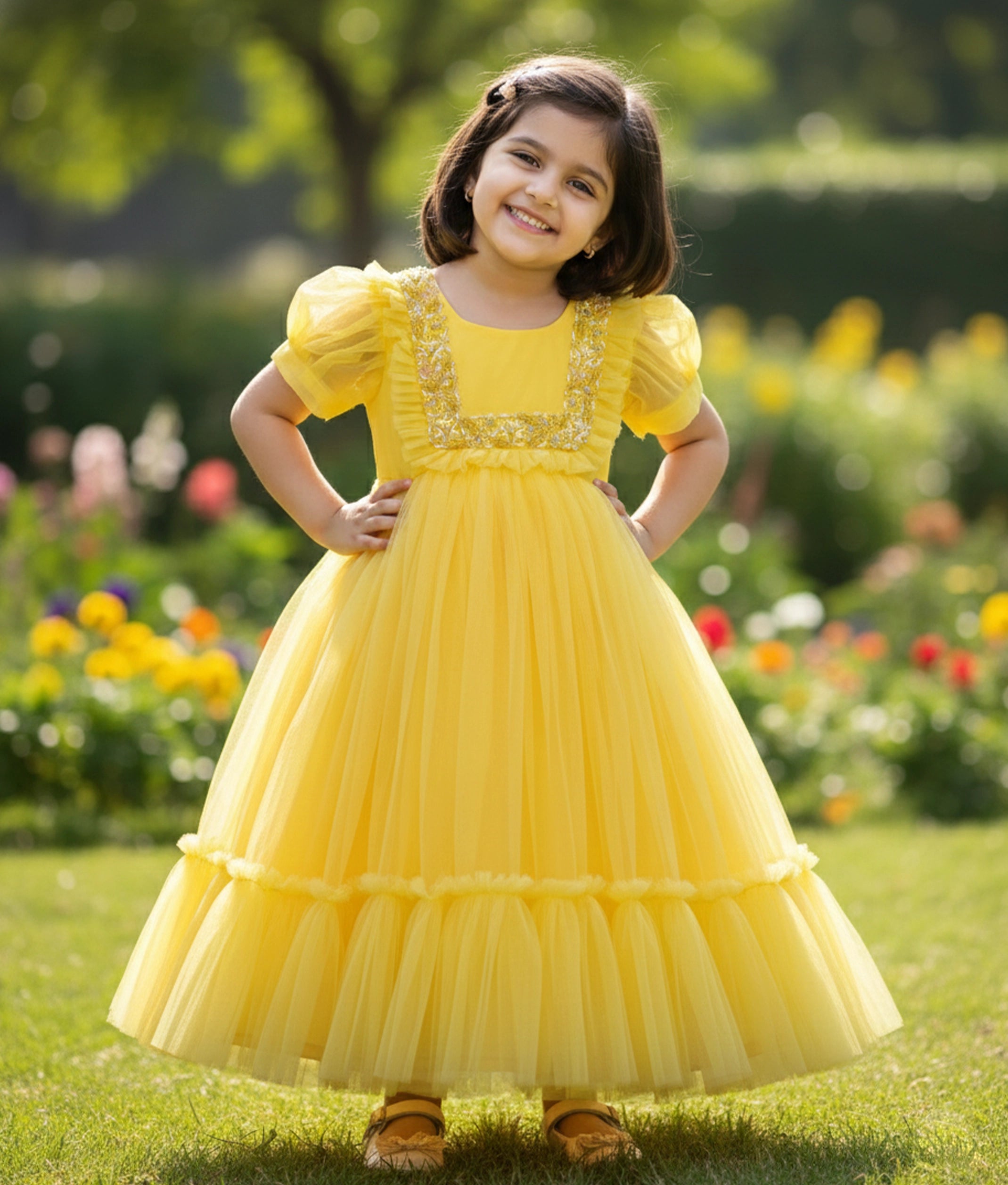 Yellow Tulle Net Handworked Gown For Baby Girl [Ready To Ship: 2368]