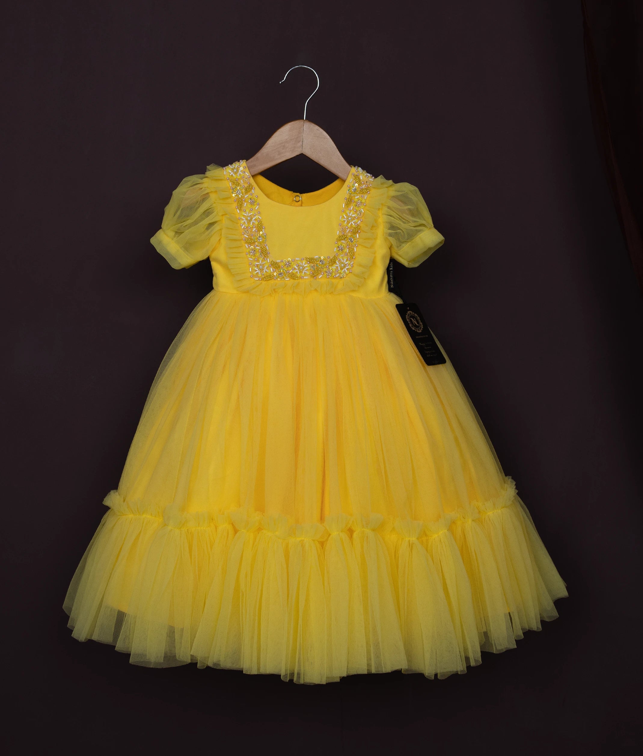 Yellow Tulle Net Handworked Gown For Baby Girl [Ready To Ship: 2368]
