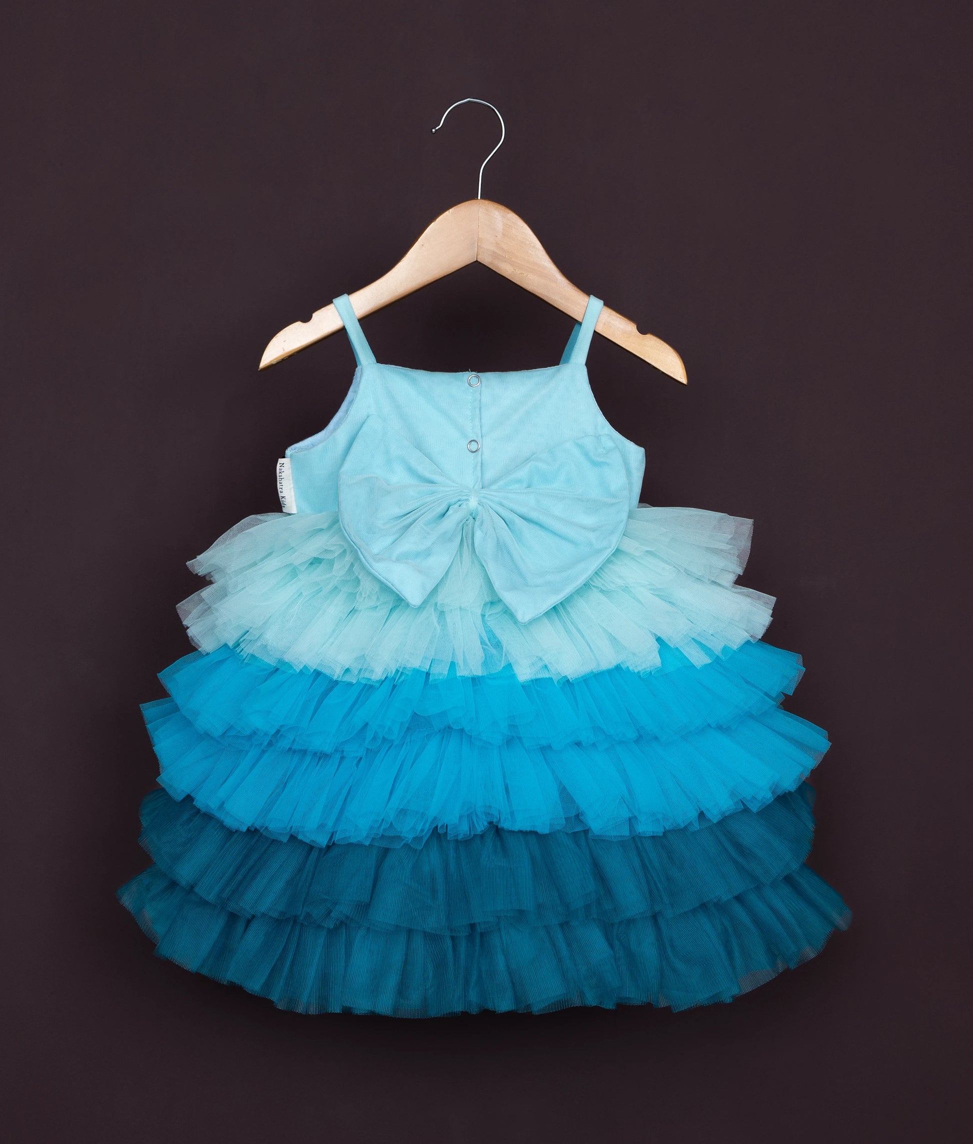 Back view of an sky blue tulle net frock displayed on a wooden hanger.