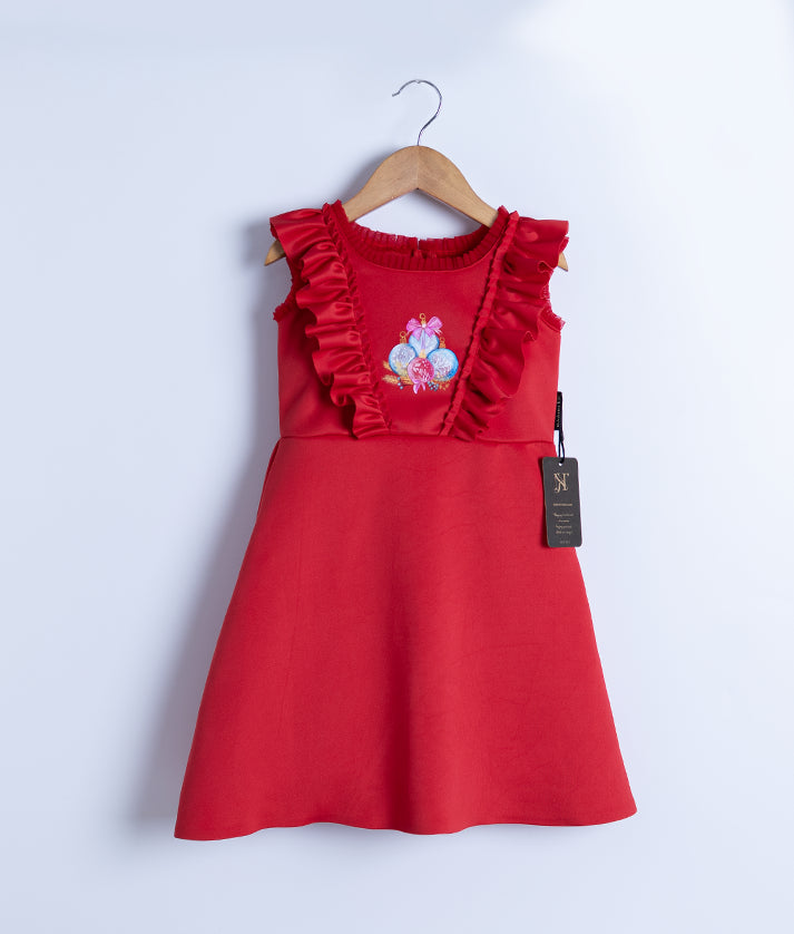 Red Scuba A-line Frock For Baby Girl [2888]