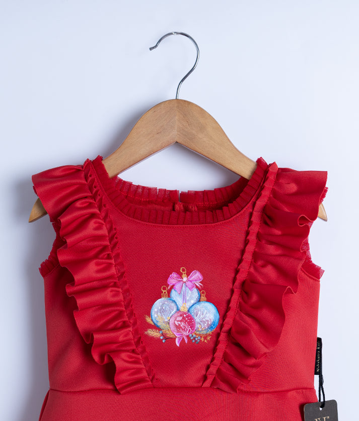 Red Scuba A-line Frock For Baby Girl [2888]