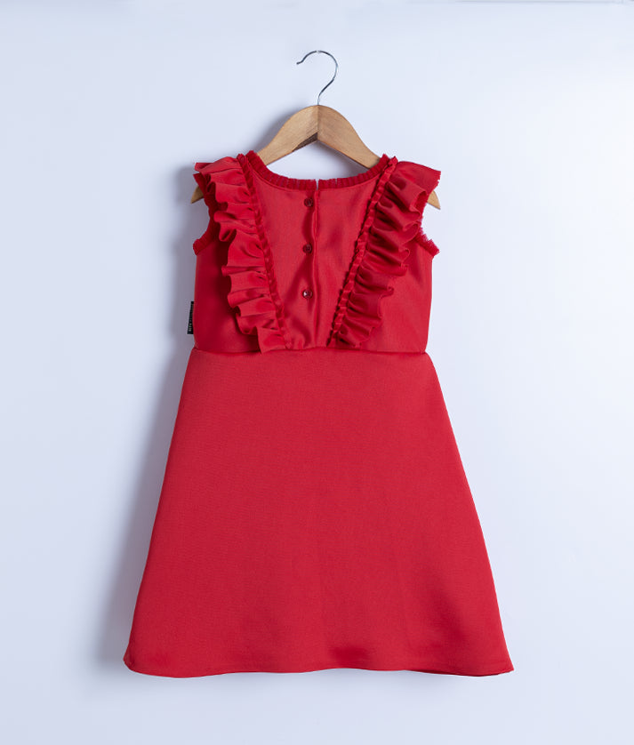 Red Scuba A-line Frock For Baby Girl [2888]