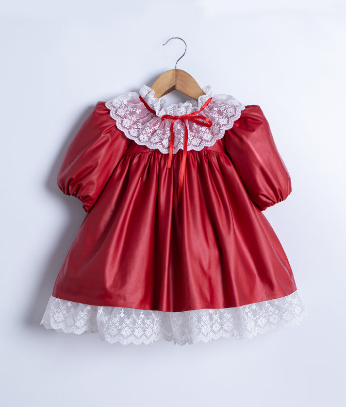 Red Leather Christmas Frock For Baby Girl [2947]