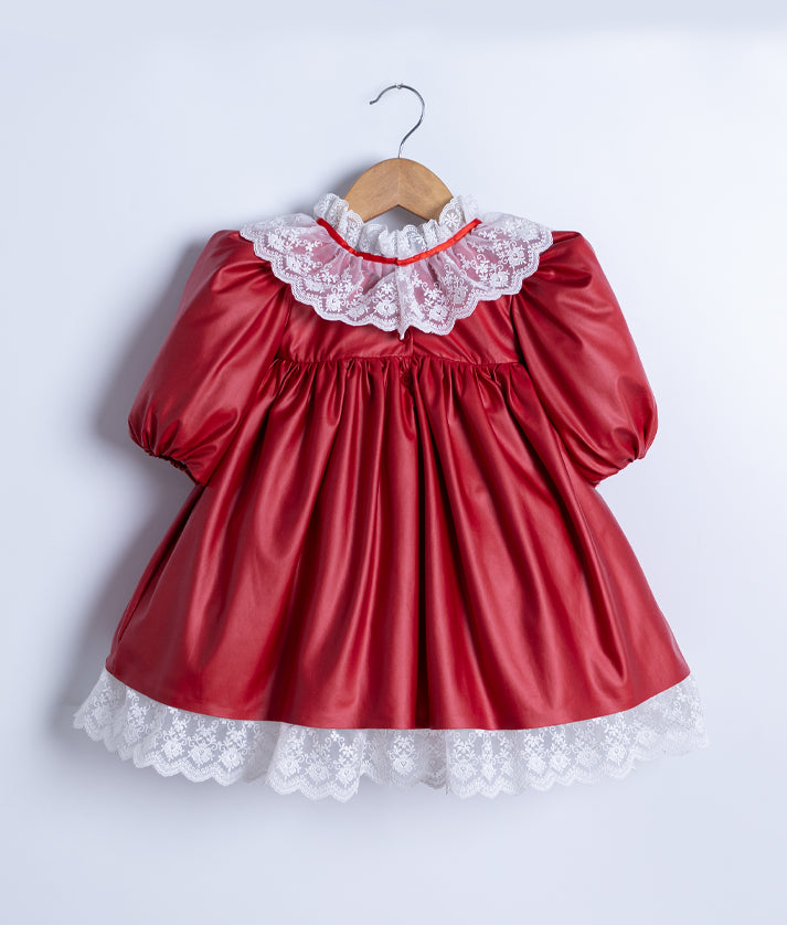 Red Leather Christmas Frock For Baby Girl [2947]