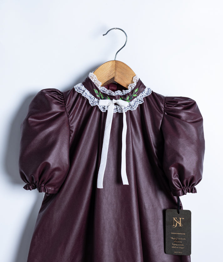 Coffe Brown Leather A-line Frock For Baby Girl [2954]