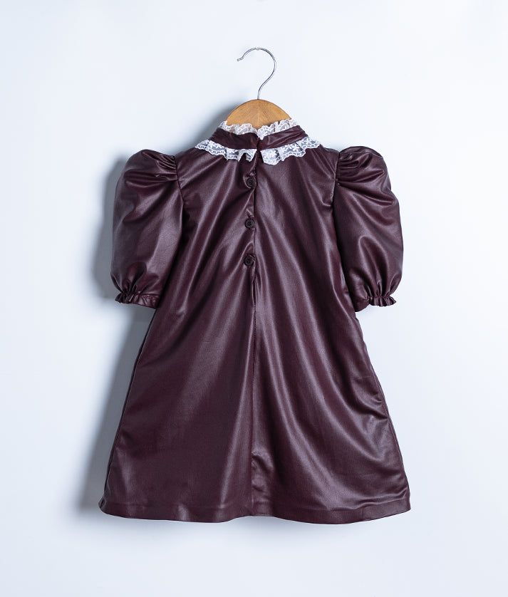 Coffe Brown Leather A-line Frock For Baby Girl [2954]