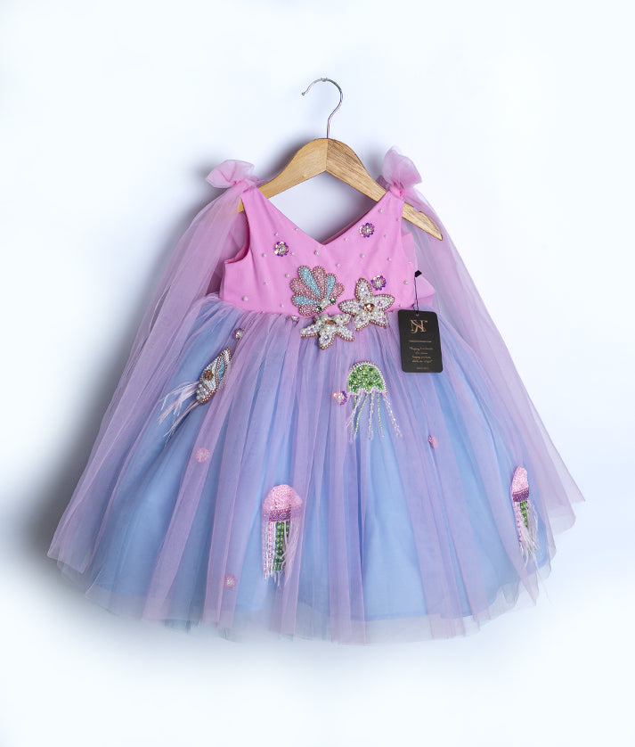 Pink and Blue Shade Mermaid Theme Birthday Frock For Baby Girl [Pre order  :5140]