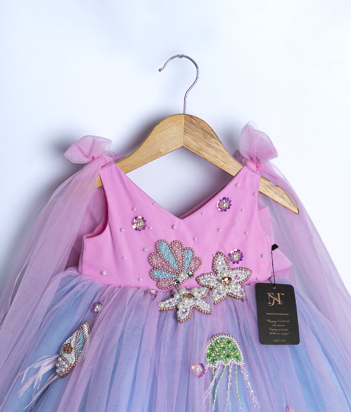 Pink and Blue Shade Mermaid Theme Birthday Frock For Baby Girl [Pre order  :5140]