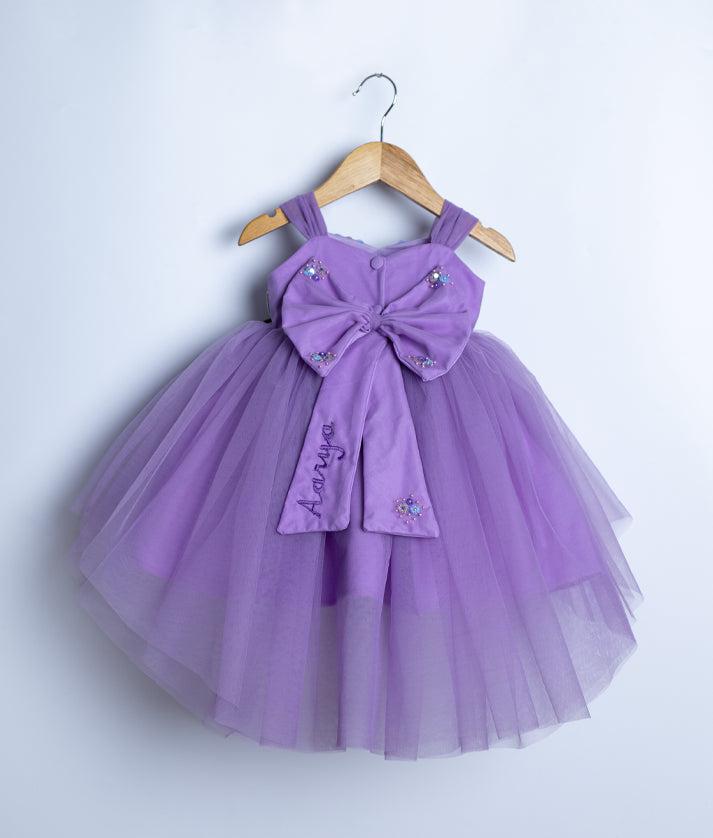 Lavender Tulle Net High-Low Handworked Birthday Frock for Baby Girl [5146]