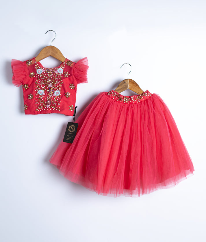 Bright Pink Handworked Crop Top with Full Length Skirt For Baby Girl [7383]