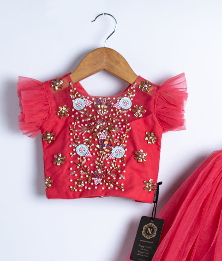 Bright Pink Handworked Crop Top with Full Length Skirt For Baby Girl [7383]