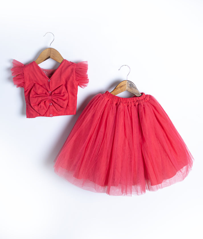 Bright Pink Handworked Crop Top with Full Length Skirt For Baby Girl [7383]