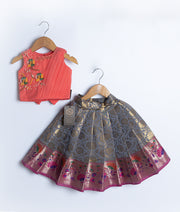 Peach Tulle Net Handworked Crop Top With Grey Banarsi Skirt For Baby Girl [Ready to ship:7590]