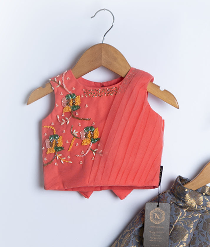Peach Tulle Net Handworked Crop Top With Grey Banarsi Skirt For Baby Girl [Ready to ship:7590]