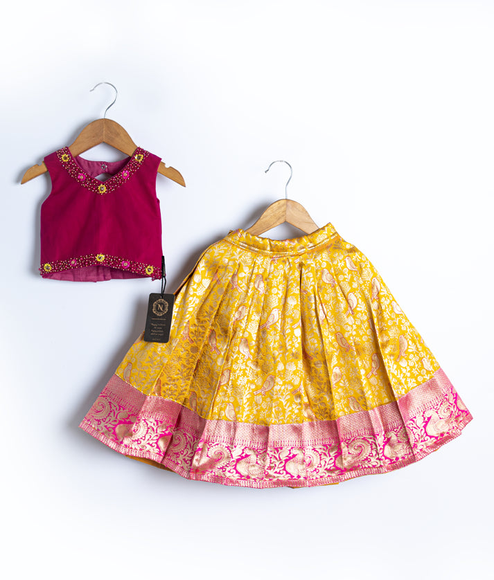 Hot Pink Handwork Crop Top with Full Length Skirt For Diwali/Pongal [7669]