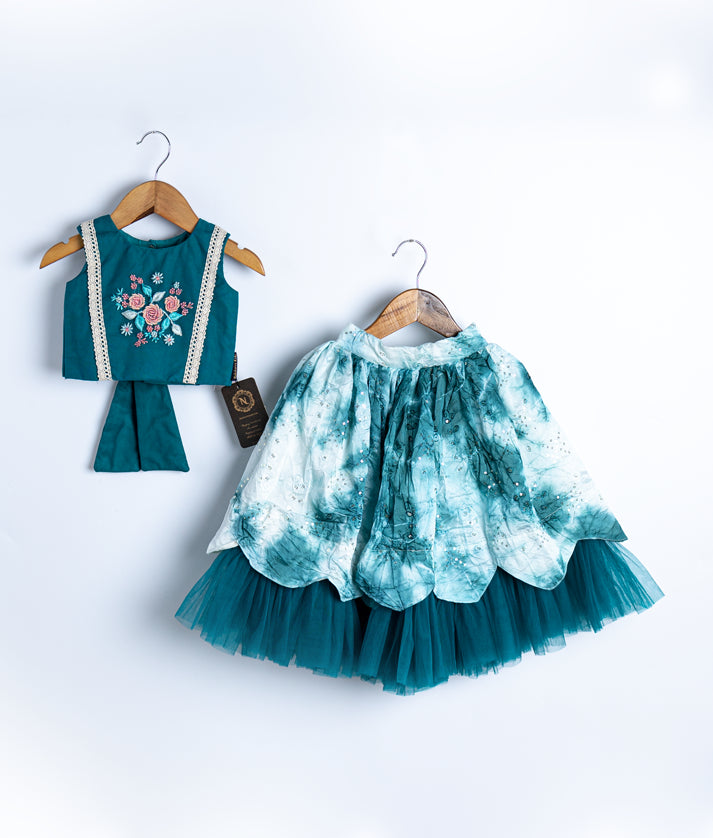 Peacock Blue Embroidery Crop Top With Full Length Organza Skirt For Pongal [Ready to ship :7700]