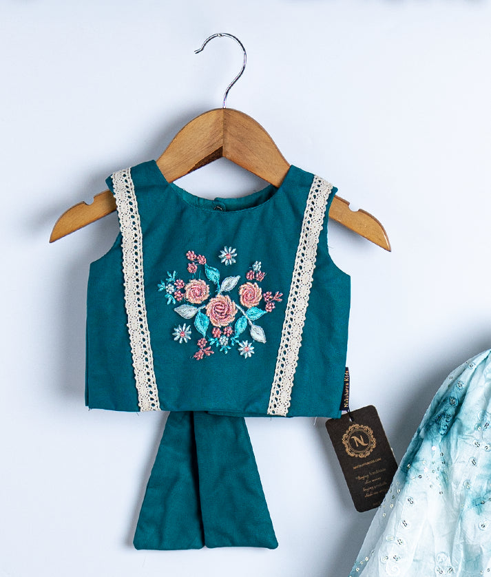 Peacock Blue Embroidery Crop Top With Full Length Organza Skirt For Pongal [Ready to ship :7700]