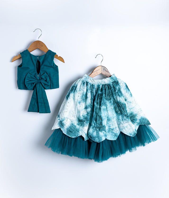 Peacock Blue Embroidery Crop Top With Full Length Organza Skirt For Pongal [Ready to ship :7700]