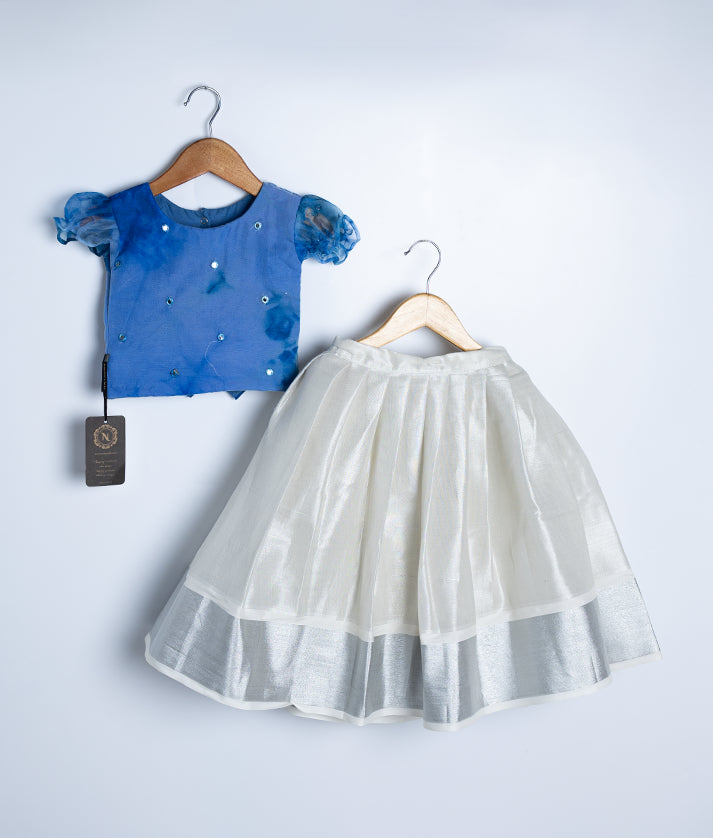 Blue Organza Top With Kasav Full Length Skirt For Vishu [7972]