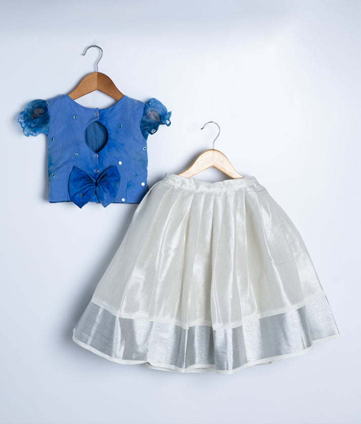 Blue Organza Top With Kasav Full Length Skirt For Vishu [7972]