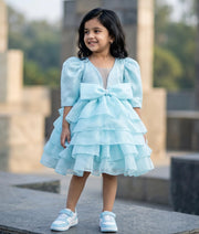 Powder Blue Shimmer Organza Princes Theme Dress For Baby Girl [2701]