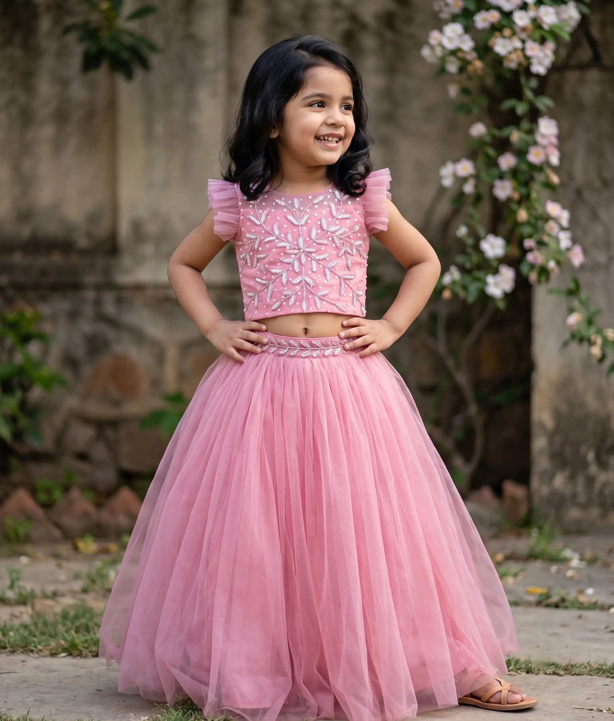 Onion pink Handwork Crop Top With Full Length Skirt For Baby Girl [7287]