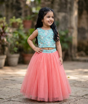 Ocean Blue Handworked Crop Top with Peach Full Length Skirt For Baby Girl [7438]