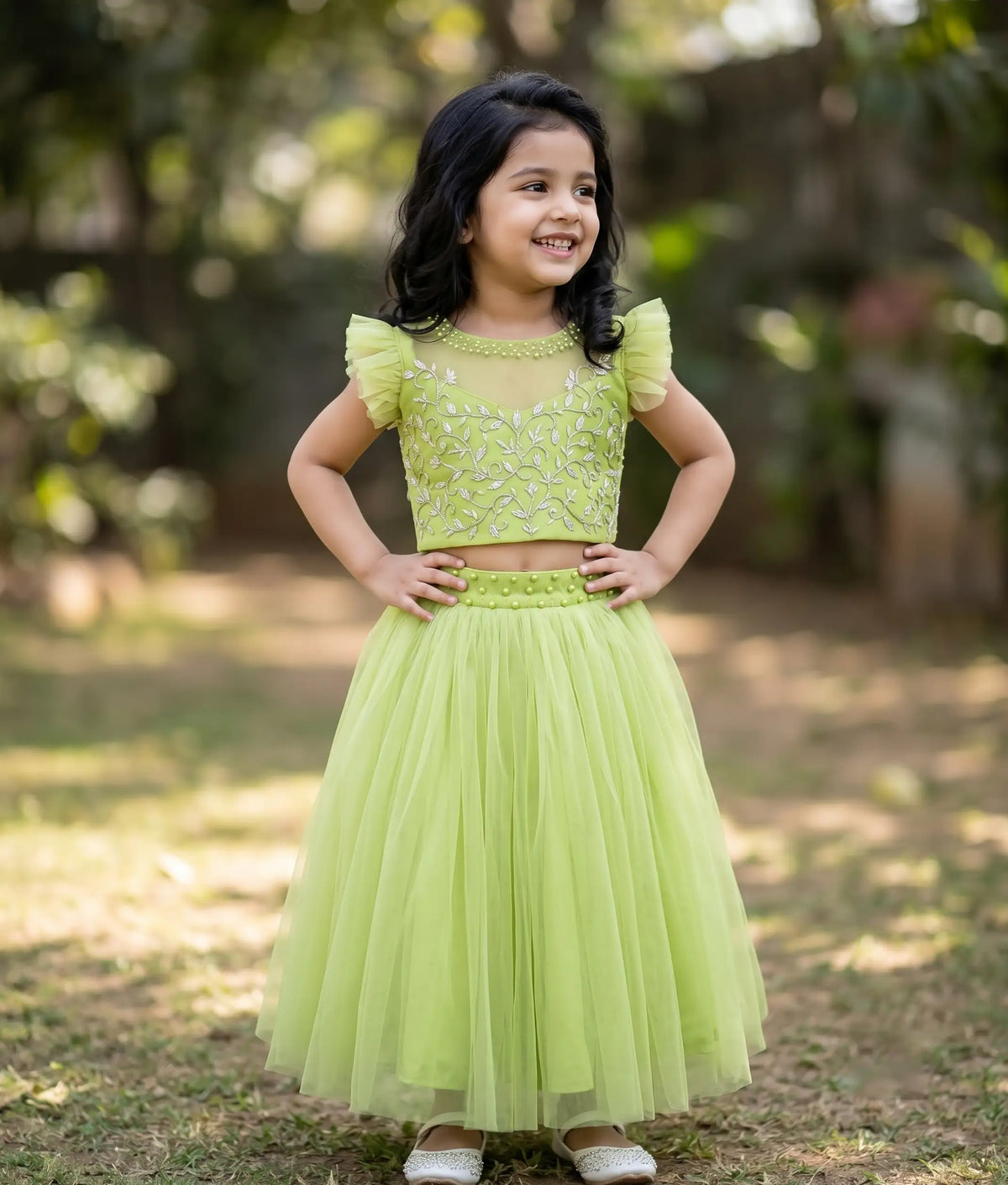Pastel Green Tulle Net Handworked Crop Top with Full Length Skirt [7866]