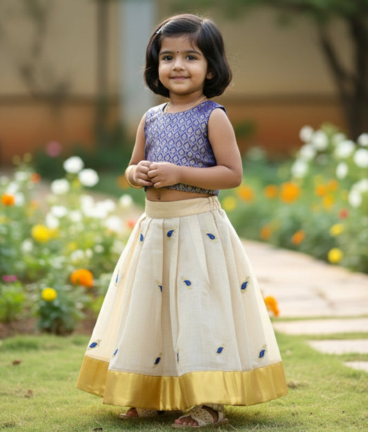 Blue Banarsi Top With Golden Kasav Full Length Skirt For Festival Occasions [Ready To Ship: 1042]