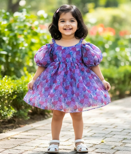 Lavender Printed Organza Casual Frock For Baby Girl [Ready To Ship: 2050]