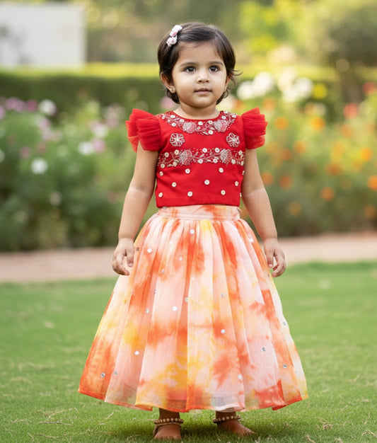 Red Tulle Net Handworked Top With Organza Below Knee Length Skirt For Diwali [Ready To Ship :2206]