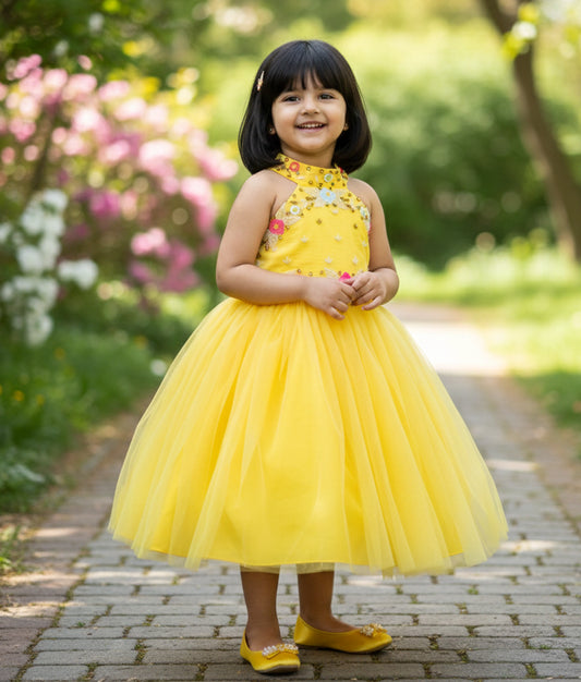 Yellow Tulle net Handworked Birthday Frock For Baby Girl [Ready To Ship: 2313]
