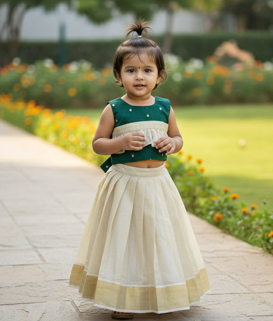 Green Semi Silk Top WIth Kasav Full Length Skirt For Baby Girl [Ready To Ship: 2409]