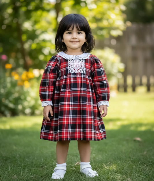 Red Check Cotton Christmas Frock For Baby Girl [Ready to ship: 2424]