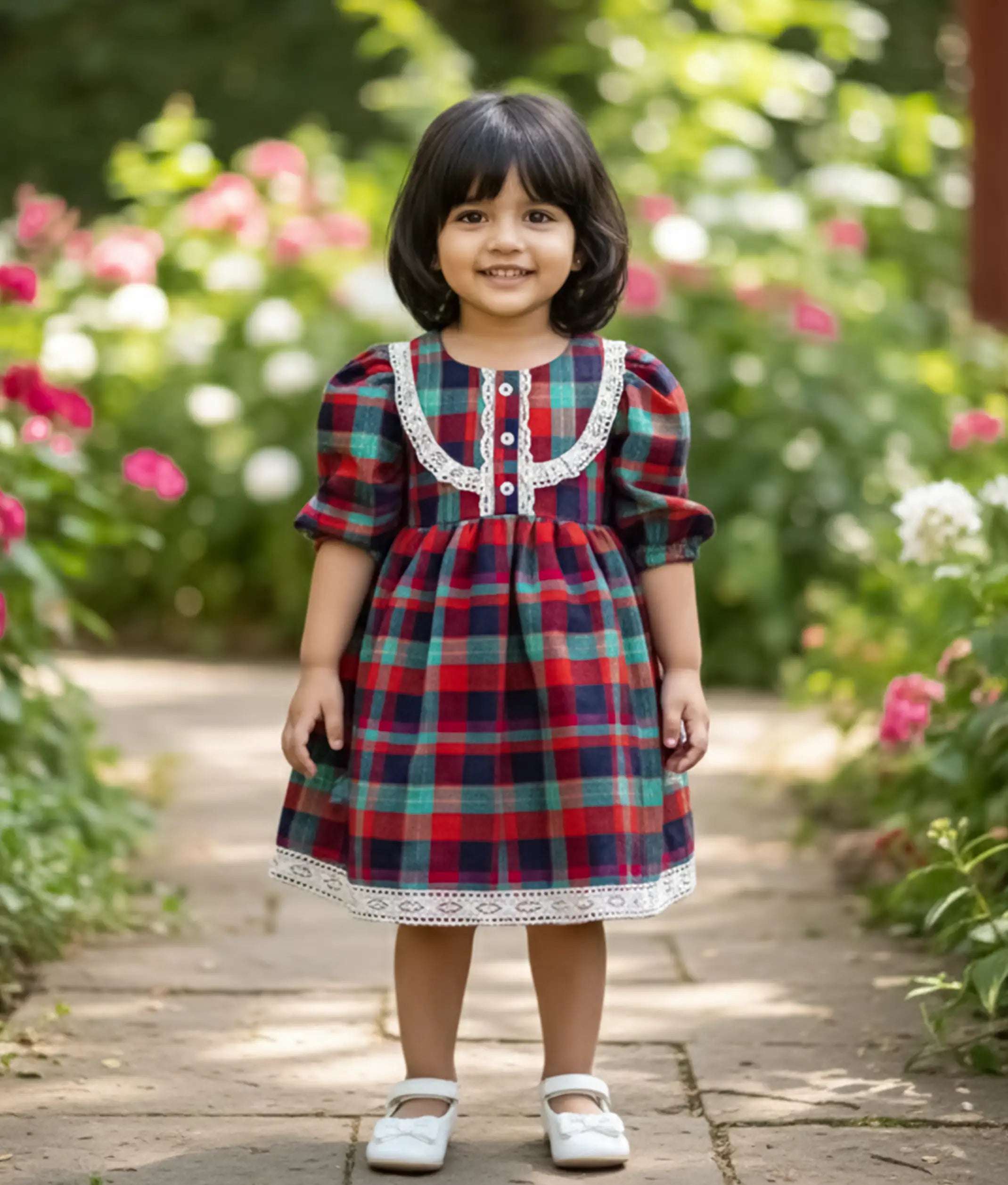 Red Cotton Checked Christmas Frock For Baby Girl [2428]