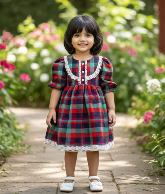 Red Cotton Checked Christmas Frock For Baby Girl [Ready to ship: 2428]
