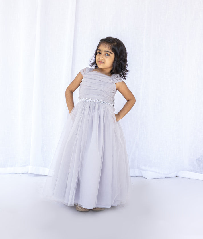 Ash Tulle Net Handworked birthday Gown For Baby Girl [2862]