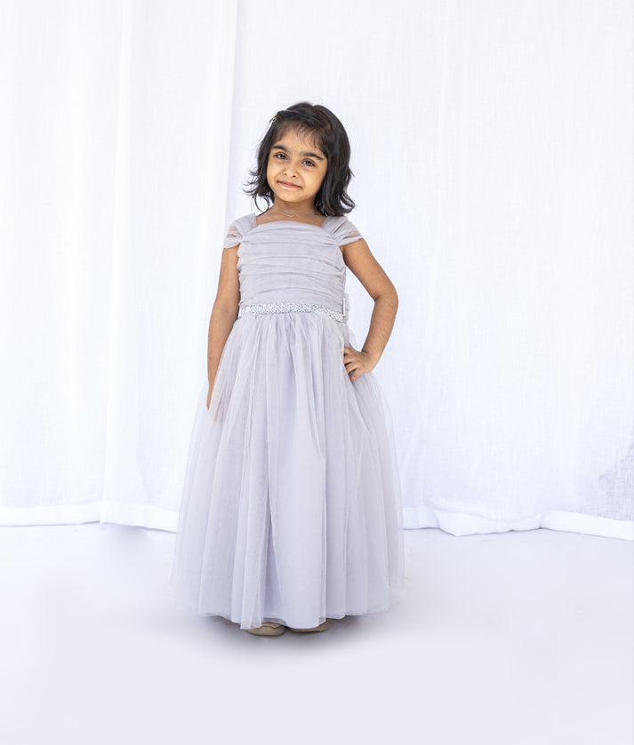 Ash Tulle Net Handworked birthday Gown For Baby Girl [2862]