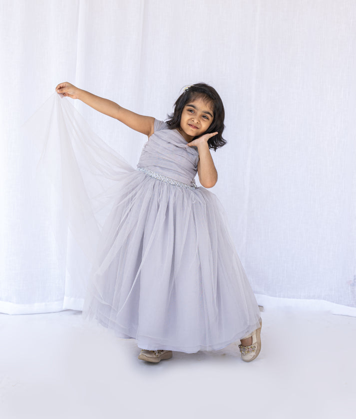 Ash Tulle Net Handworked birthday Gown For Baby Girl [2862]
