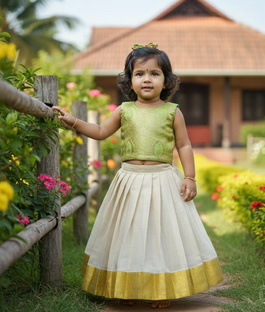 Green Banarasi Top WIth Kasav Full Length Skirt For Baby Girl [Ready To Ship: 381]