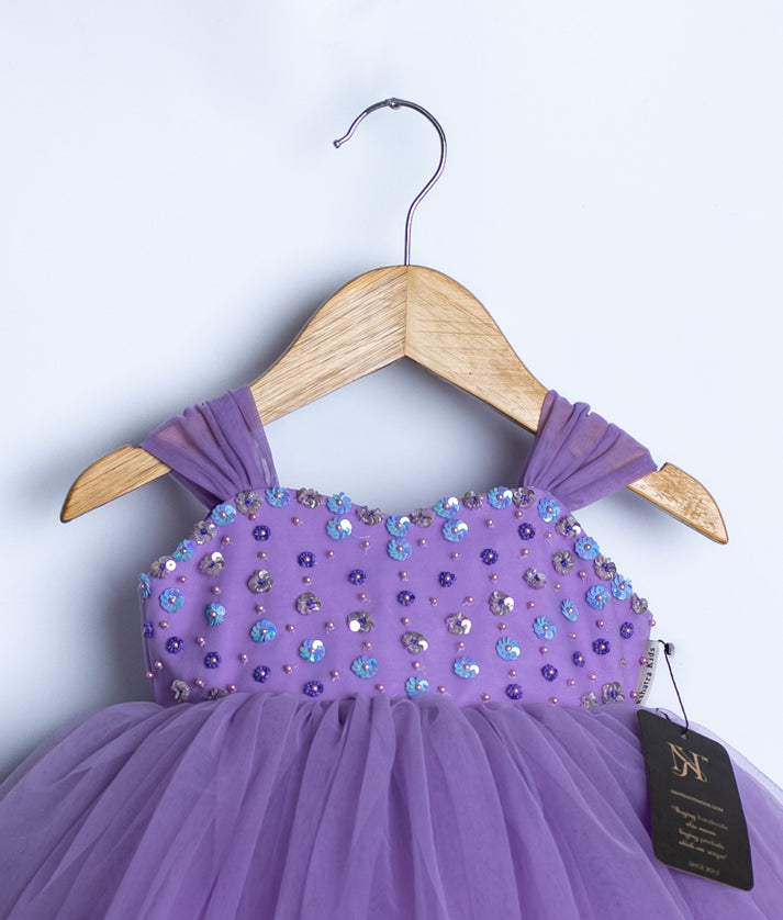 Lavender Tulle Net High-Low Handworked Birthday Frock for Baby Girl [5146]