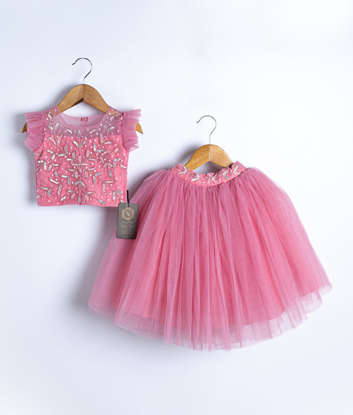 Onion pink Handwork Crop Top With Full Length Skirt For Baby Girl [7287]