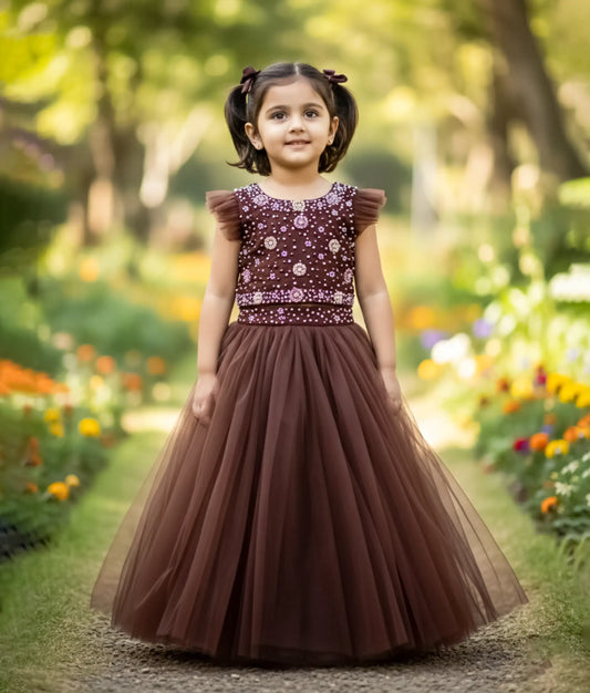 Coffe Brown Tulle Net Handworked  Crop Top with Full Skirt for Baby Girl [Ready to ship :7575]