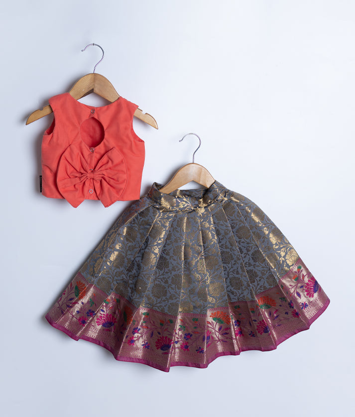 Peach Tulle Net Handworked Crop Top With Grey Banarsi Skirt For Baby Girl [Ready to ship:7590]