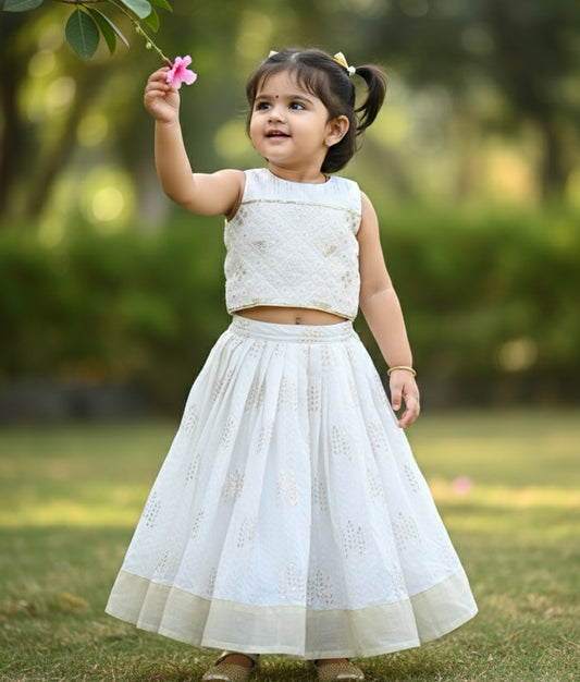 Offwhite Work Material Crop Top With Chanderi Full Length Skirt For Baby Girl [Ready To Ship: 7653]